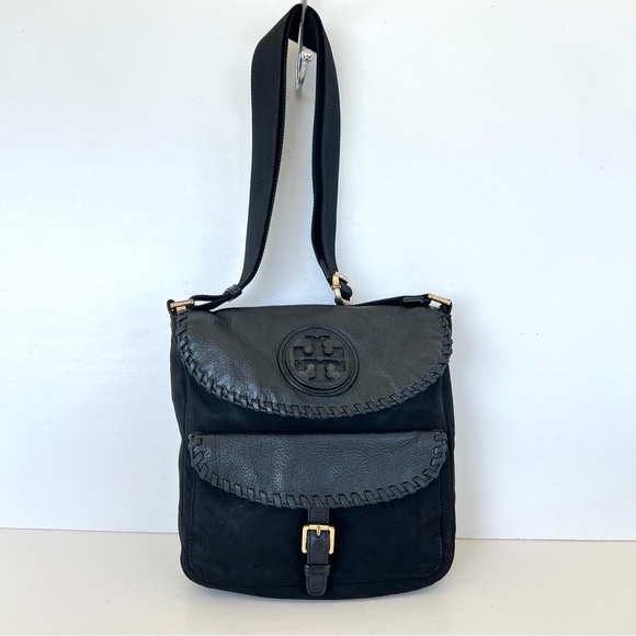TORY BURCH Black Nylon Pebbled Leather Front Logo Tote Shoulder Bag Crossbody - Picture 16 of 16